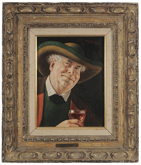 Otto Eichinger: (Austrian, 1922-2004) Three genre portraits of older Austrian men: one with wine glass; one with beer tankard; one with pipe, all signed "O. Eichinger Wien", oil on masonite, 10-3/8 x 8 in.; one carve