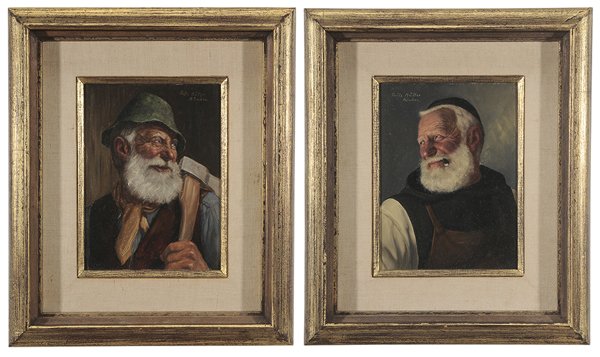 Fritz Mller: (German, 1913-1972) Two genre portraits of older German men: Friar Smoking; Man with Axe, both signed "Fritz Mller Mnchen", oil on masonite, 9-1/2 x 7 in.; matching parcel gilt wood frames, light grim