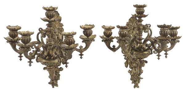 Pair Gilt Metal Five-Light Wall: Sconces probably Continental, early 20th century, each with a scrolling acanthus leaf backplate mounted with fruit, central post with four branching arms with conforming nozzles and pans, 12 x 11-1/4