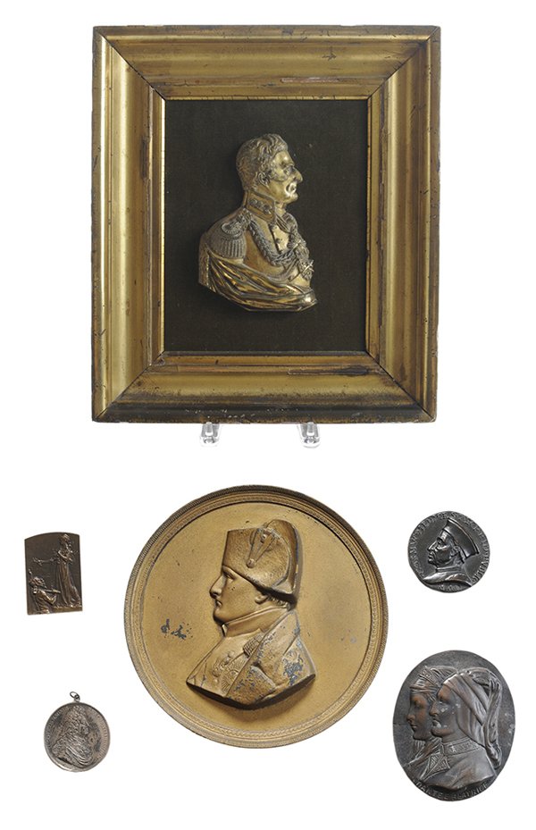 Duke of Wellington Stamped Gilt: Portrait Bust, Five Portrait Plaques Continental: portrait bust of the Duke of Wellington in uniform, 7-1/2 in., on green crushed velvet in 19th century gilt frame, 16-1/2 x 14-1/2 in., [losses to gil