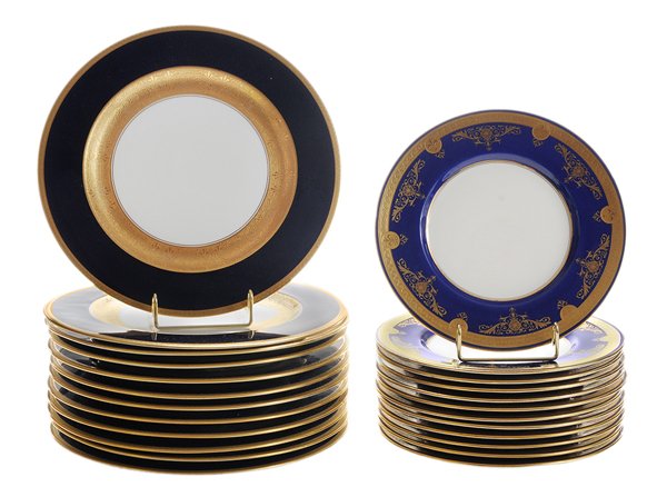 Twelve Gilt-Decorated Bavarian: Service Plates, Twelve Minton Cake Plates German and English, early 20th century: twelve Hutschenreuther Selb Royal Bavarian cobalt and gilt service plates, 10-7/8 in., [very good condition;] twelve M