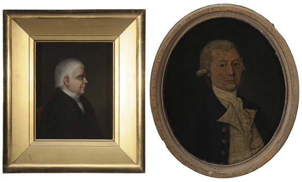 British School: (18th and 19th century) Two portraits: Gentleman facing right, 10 x 8 in., original gilt wood frame, [original stretcher and tacking edge, some minor retouch, grime]; Gentleman, wearing a blue coat an