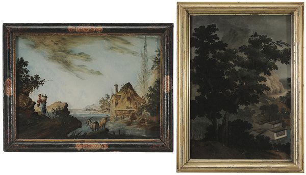 Chinese and British Schools: (19th century) Two reverse paintings on glass: lakeside house with figures in a mountainous landscape, Chinese school, 16 x 11-1/4 in. (sight), possibly original gilt wood frame, [scattered flaking an