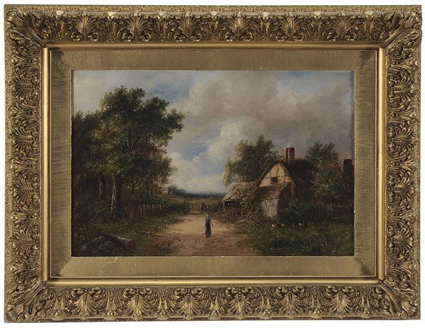 Attributed to David Bates: (British, 1840-1921) Landscape with Cottage, possibly signed verso "David Bates", oil on canvas, 16 x 24 in.; gilt wood and composition frame, original stretcher and tacking edge, crackle, cupping, re
