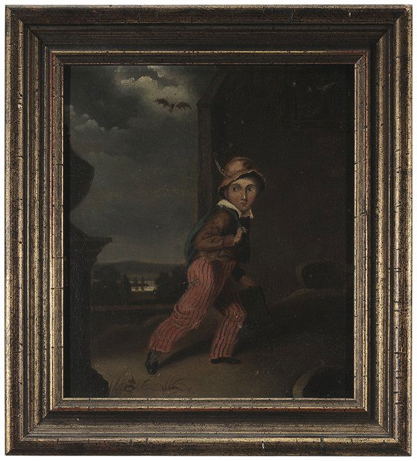 British School: (19th century) Boy with Bat Looming in Night Sky, unsigned, oil on artist board, 8 x 6-7/8 in.; modern wood frame, abrasions with associated points of retouch, grime, craquelure; frame with abrasions.