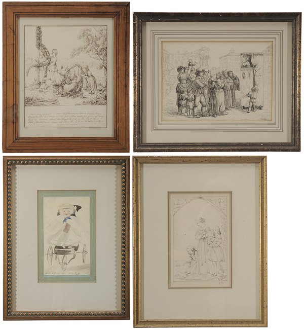 Four Genre Drawings, Children: (British, 19th century) The Queen of May, with inscribed prose, unsigned, ink on paper with watermark "J. Whatman Turkey Mill 1851", 10 x 8 in. (sight); Puppet Show, in a monogram "J.T.A.", graphite o