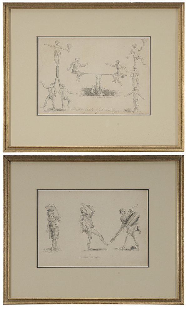 Probably British School: (late 19th century) Two scenes with figures "Mexican Feats of Activity" and "Mexicans", graphite on paper, one signed lower right "Watson", 6-5/8 x 9-1/2 in., matching gilt wood frames, each with some