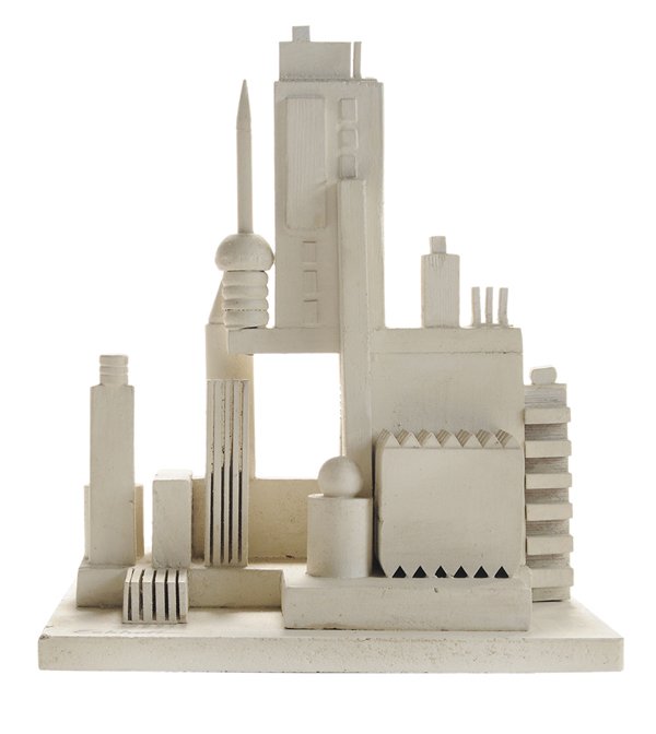 American School: (20th century) Architectural model of a modernist building, white-painted wood, revolving base, signed "Eckhoff", 12-1/2 x 10-1/2 x 9-3/4 in., soiling to painted surface with minor nicks and chips. Pr