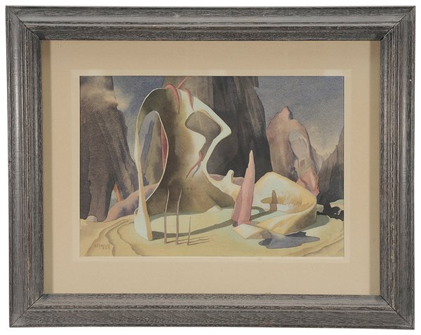William James Laidlaw Baillie: (Scottish, born 1923) Surreal Landscape, 1943, signed lower left "W. Baillie/1943", watercolor on paper, 9-3/8 x 13-1/2 in. (page); pickled wood frame, hinged in at top, very light fading. Provenance: