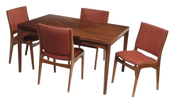 Five-Piece Danish Modern Teak: J. J. Moller Dining Set circa 1960s, stamped signature "Mobel Fabrik Made in Denmark", comprising an extension table and four chairs, teak and possibly other mixed woods, chairs set with brick-red uph