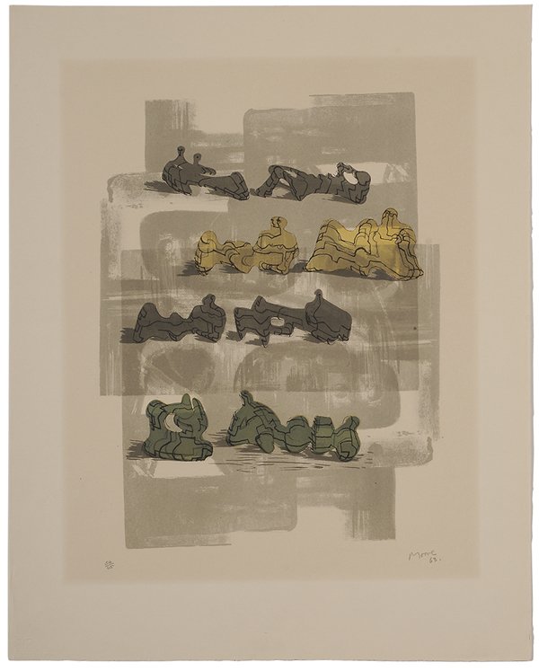Henry Moore: (British, 1898-1986) Eight Reclining Figures with Architectural Background, 1963, (Cramer 44), edition 54/65, signed lower right "Moore/63," blindstamp lower left, color lithograph on cream paper, 24-