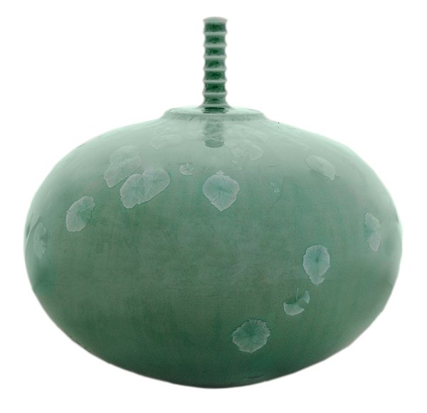 Hideaki Miyamura: (Japanese, born 1955) crystalline covered vase, cover with spiral finial, squat ovoid vase with crystalline overall, base numbered "268" with illegible signature, 9 in., Repair to stem of lid. Provena