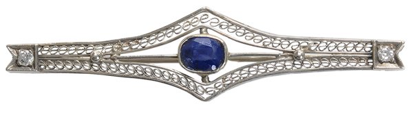 Vintage Sapphire Bar Pin: bezel set with oval cushion genuine dark blue sapphire, estimated weight 1.0 ct., two Old European cut diamonds, estimated weight 0.06 cts., 14 kt. gold filigree mount, 2 in. x 12.65 mm., 3.5 grams gr