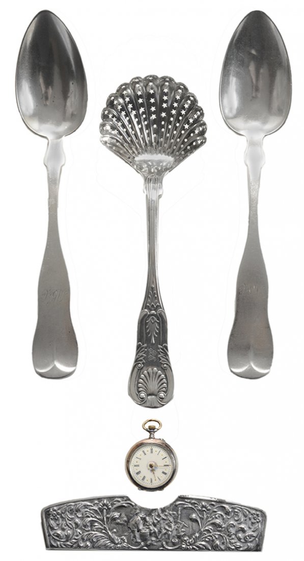 Five Silver Items: including Alabama Coin silver serving spoon, King's style pattern with shell and pierced bowl, marked "J. Conning", "Mobile" (James Conning, New York City, c. 1840, and Mobile, Alabama, working 1842-1