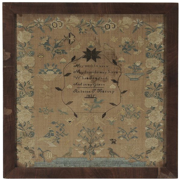 1835 Quaker Needlework: American, four line verse and signed "Rebecca P. Harvey 1835" within opposing leaf vine cartouche, topped with eight pointed star, facing birds, flower pots and floral sprays, rose and flower border,