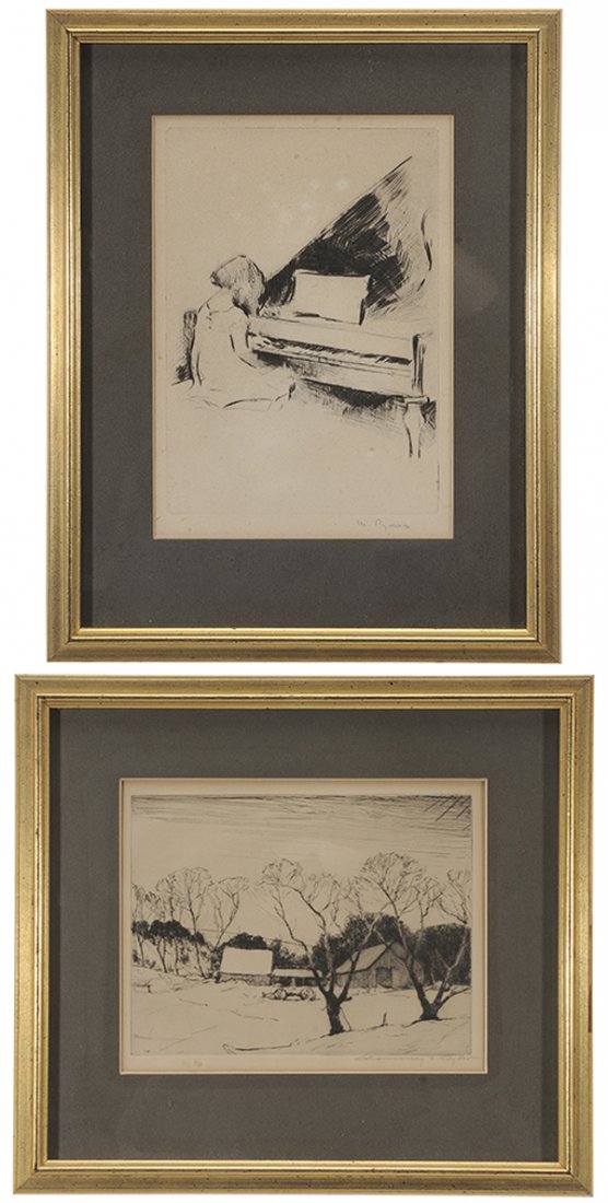 Two Etchings; Ryder, Ryerson: (American, 20th century) Farm in Winter, signed lower right "Chauncey F. Ryder" (1868-1949), 6-3/4 x 8-3/4 in. (plate); Girl Playing Piano, signed lower right "M. Ryerson" (Margery Ryerson, 1886-1989)