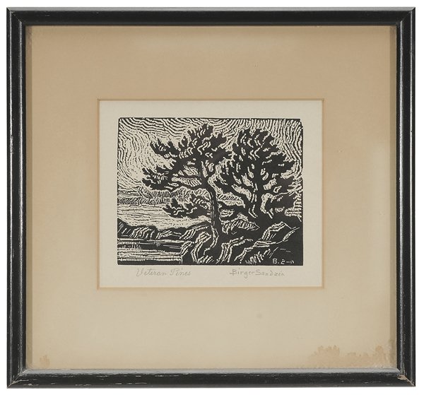 Birger Sandzen: (Kansas/Colorado, 1871-1954) "Veteran Pines", signed lower right "Birger Sandzen" and titled lower left, wood cut, 3-3/4 x 4-7/8 in.; original black painted frame, not removed from original frame, wat