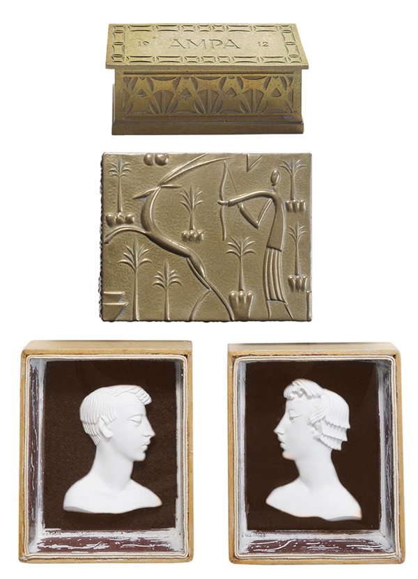 Robert Jarvie Brass Box, Art Deco: Boxes, Two Silhouettes American and Continental, late 19th/early 20th century: hinged bronze box engraved "AMPA 1912", "Made by Robert Jarvie, Union Stockyard, Chicago" (circa 1912), 1-3/4 x 4-1/4 x 2