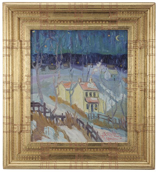 Joseph Barrett: (Pennsylvania/North Carolina, 20th/21st century) Quarter Moon Over New Hope, signed lower right "J. Barrett/Lahaska", oil on canvas, 16 x 14 in.; original carved and gilt wood frame by the artist, goo