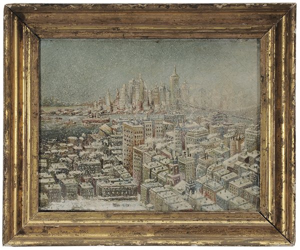 American School: (20th century) Winter View of New York City from Brooklyn, circa 1930's?, unsigned, oil on canvas, 10-5/8 x 14 in.; lemon gilt frame, original strainer, crackle, cupping, minor flaking or abrasions at