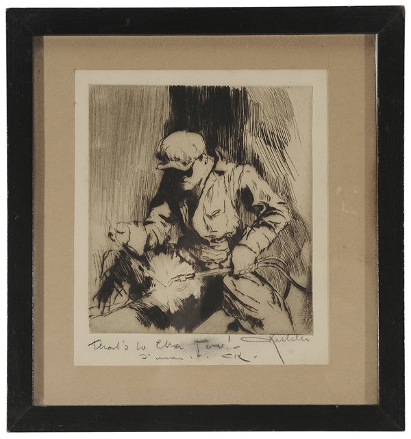Otto August Kuhler: (New Mexico/Germany, 1894-1976) Welder, signed lower right "Kuhler" and inscribed and initialled in pencil lower left, etching on paper, 4-7/8 x 4-3/8 in. (plate); black frame, not removed from frame,