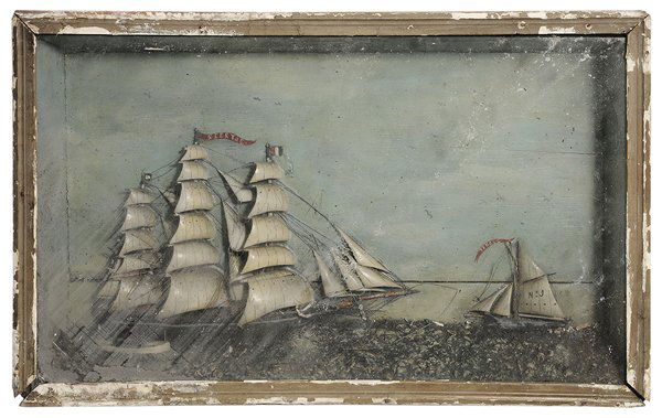 Shadowbox Ship Diorama: possibly French, 19th century, depicting the [Geertue] and the [Tersel(?)] at full sail, small tender or steamer in foreground, with textured sea, set on a blue and white background, 14-1/2 x 23 x 14-