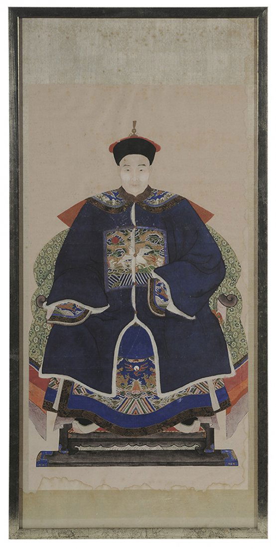 Finely Executed Drawing, Mandarin: Official Chinese, late 18th/early 19th century, official wearing a blue coat and a silk-embroidered cape, Mandarin square with white paradise flycatcher bird (indicative of a bureaucrat of the ninth r