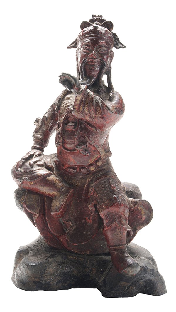 Early Painted Bronze Figure of Seated: Man Chinese, probably 19th century, smiling seated figure with a long mustache and braids, wearing a headdress, appears to be wearing armor, naturalistic platform base, 11-1/2 x 6 x 3-3/4 in., arched 