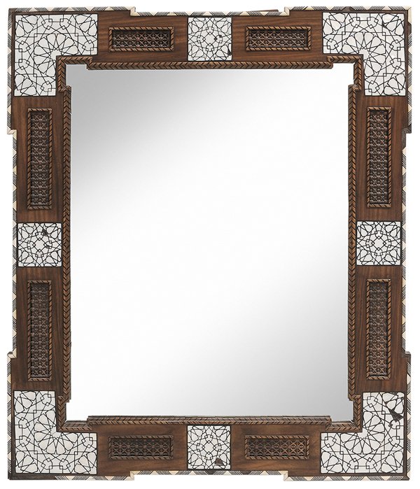 Moorish Style Mother-of-Pearl and: Bone-Inlaid Mirror possibly Syrian, late 19th/early 20th century, geometric inlays with inset spool-turned panels, 39-1/4 x 33-1/2 in., scattered minor losses to bone and mother-of-pearl inlays, glaze