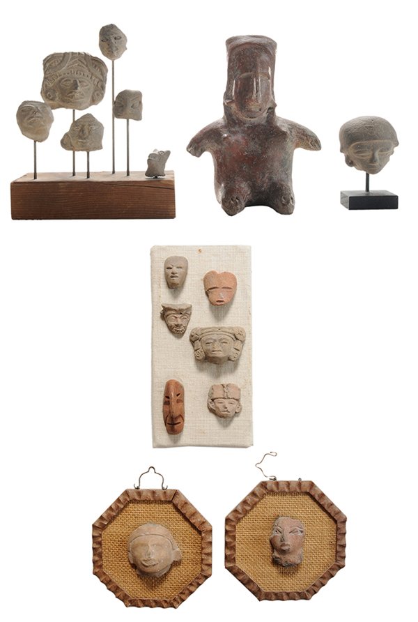 Pre-Columbian Pottery Figures: and Fragments, 16 Pieces Mexican and Latin American: redware seated woman with headdress, possibly Jalisco, 7-5/8 in.; two redware head fragments, 2 in., mounted on burlap in octagonal wood frames; si