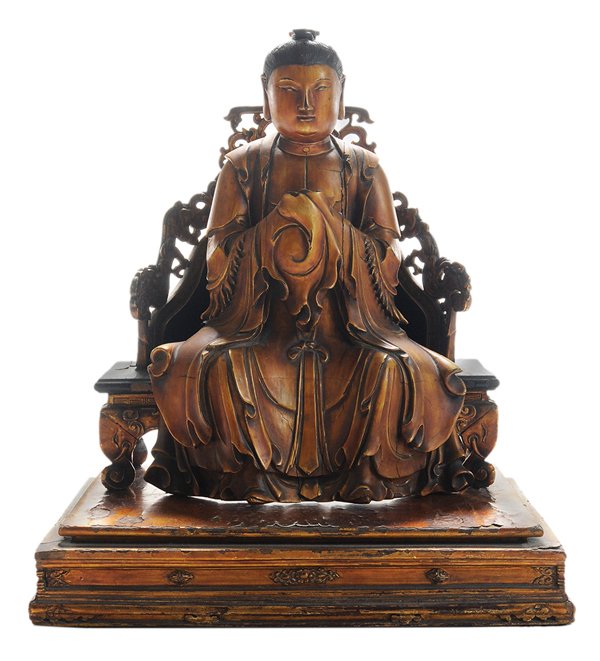 Carved Wood and Gilt-Lacquered: Seated Buddha Japanese, Meiji Period, late 19th century, figure with eyes closed and smiling serene face, finely carved hair, elaborate robes with hands centering, incense or flower hole, crafted in t