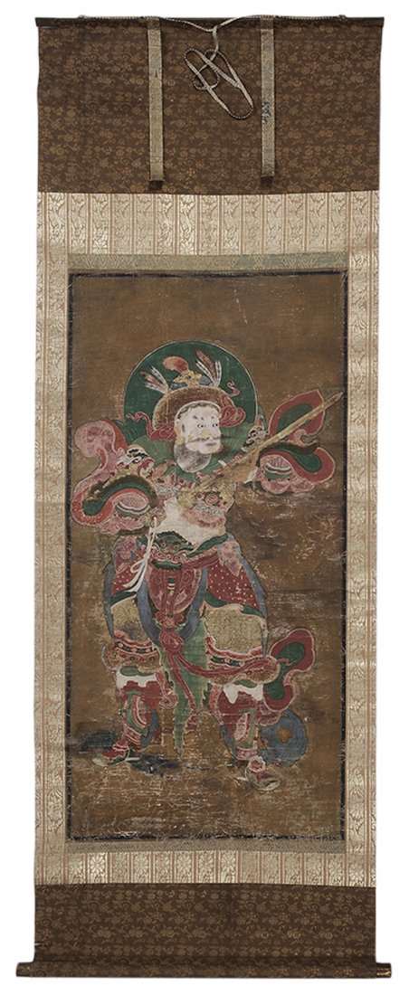 Japanese Guardian Warrior on Silk: Joseon period (1392-1911), possibly 18th century, guardian warrior in ink and mineral colors on silk, elaborate Japanese mounting, on mounting attachments with Korean picture, metal attachments on mou