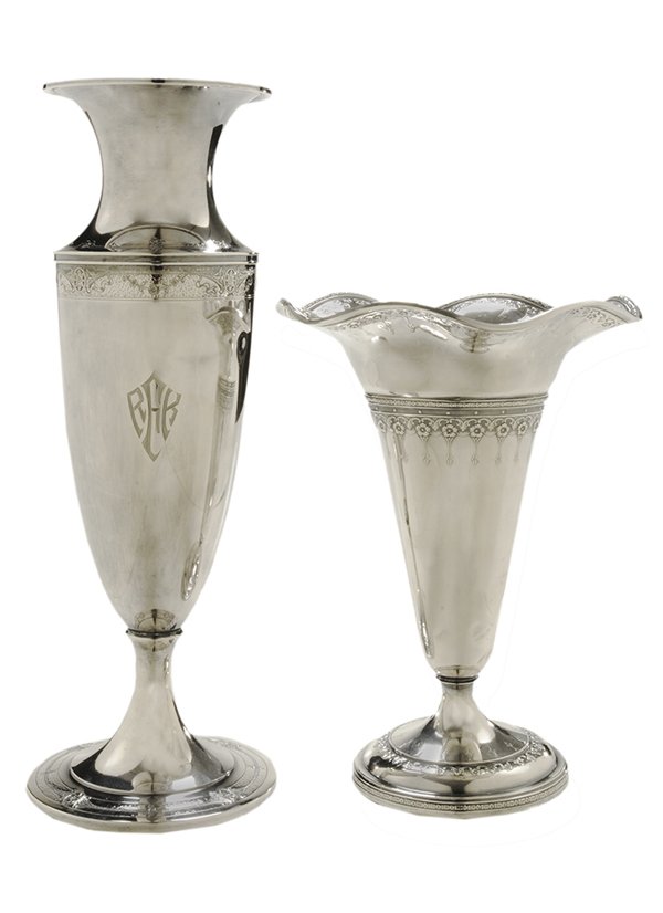 Two Sterling Vases: American, 20th century, one urn form with bands of hammered floral decoration, marks for Gorham, "3064A", monogram, 32.19 oz. T., 16 in.; one trumpet form with scalloped rim, marks for maker Watson Co