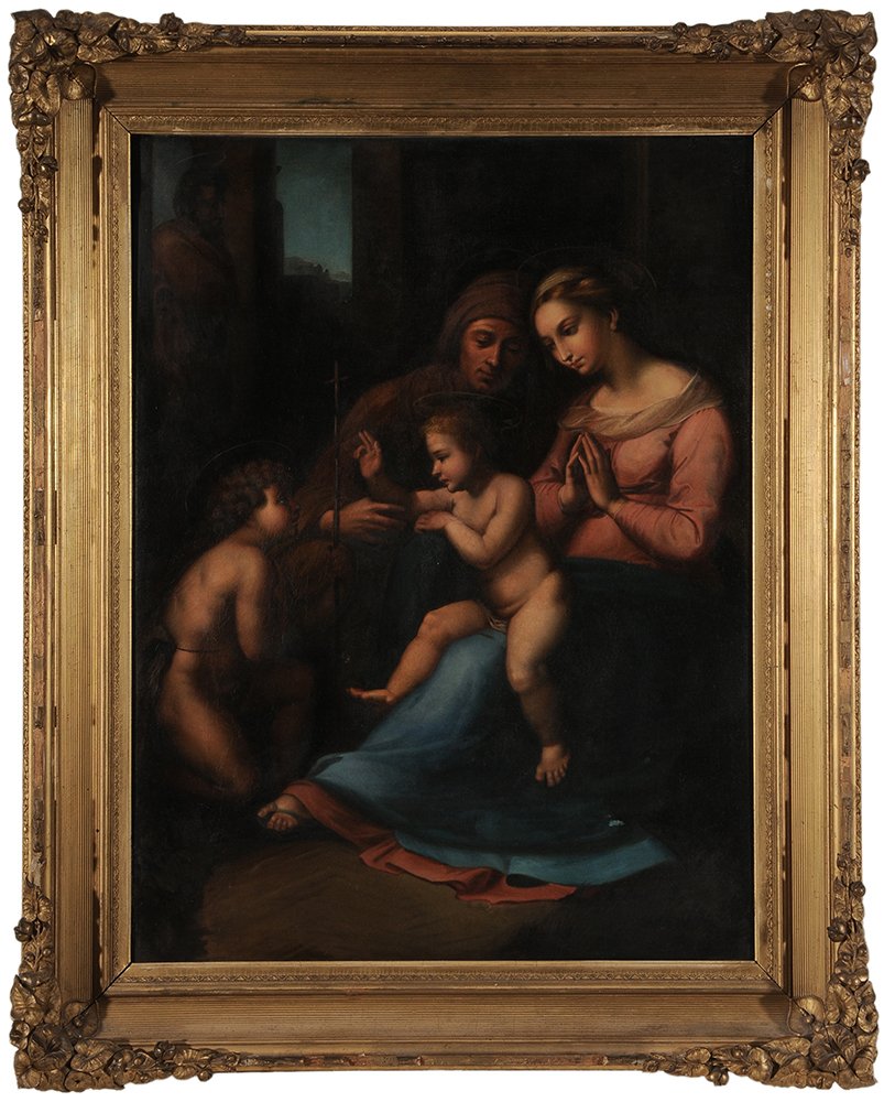 Italian School, after Raphael: (19th century) Madonna and Child with Elizabeth and John the Baptist, after Raphael, 1864, unsigned, inscribed verso canvas "Randolph Clay/Reveston, New Jersey/Thursday 28th April 1887/La Santa Famill
