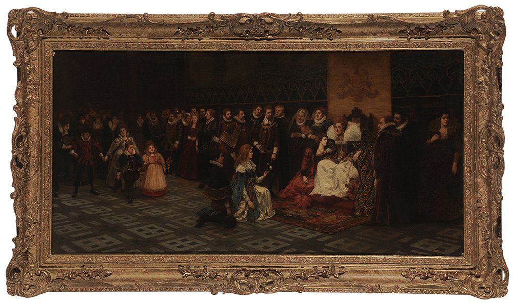 Beatrice Meyer: (German, 19th/20th century) An Audience with Queen Elizabeth I at Court, signed lower left "Beatrice Meyer 1889", oil on canvas, 18 x 36 in.; gilt wood and composition frame, original stretcher and ta