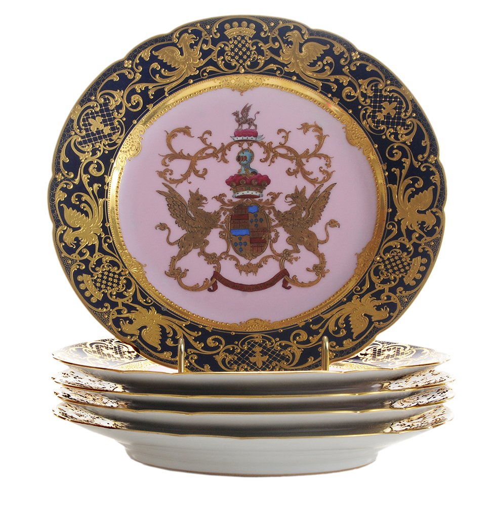 Five Finely Decorated Armorial Plates: Dresden, early 20th century, carrying the seal of the Earl of Craven using the coat-of-arms of the Earl and that of his nephew William Lord Craven who succeeded him as Lord Provider of Carolina, motto