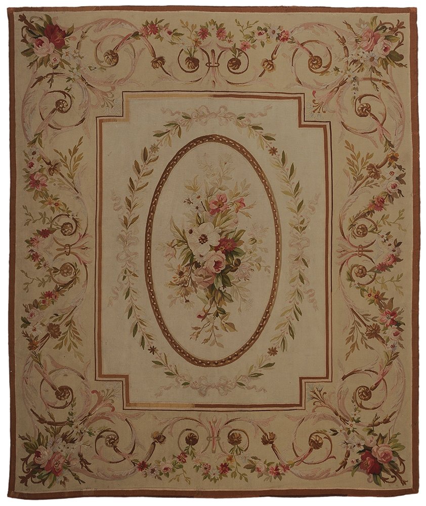 Aubusson Tapestry Rug: Continental, late 19th/early 20th century, central panel with oval floral cartouche, floral border, later backing, 4 ft. 6 in. x 5 ft. 6 in., selvage repairs and minor scattered repairs throughout, fa