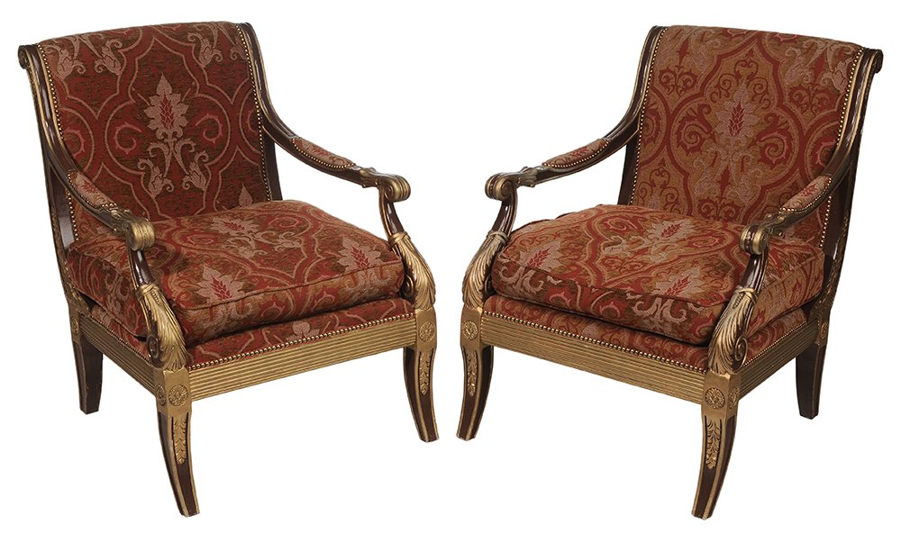 Pair Italian Neoclassical Style Paint-: Decorated and Upholstered Open-Arm Chairs 20th century, each with scrolled back and saber legs, brown and gold paint decoration, 37 x 28-1/2 x 32 in., frames possibly repainted and feet trimmed(?), sc