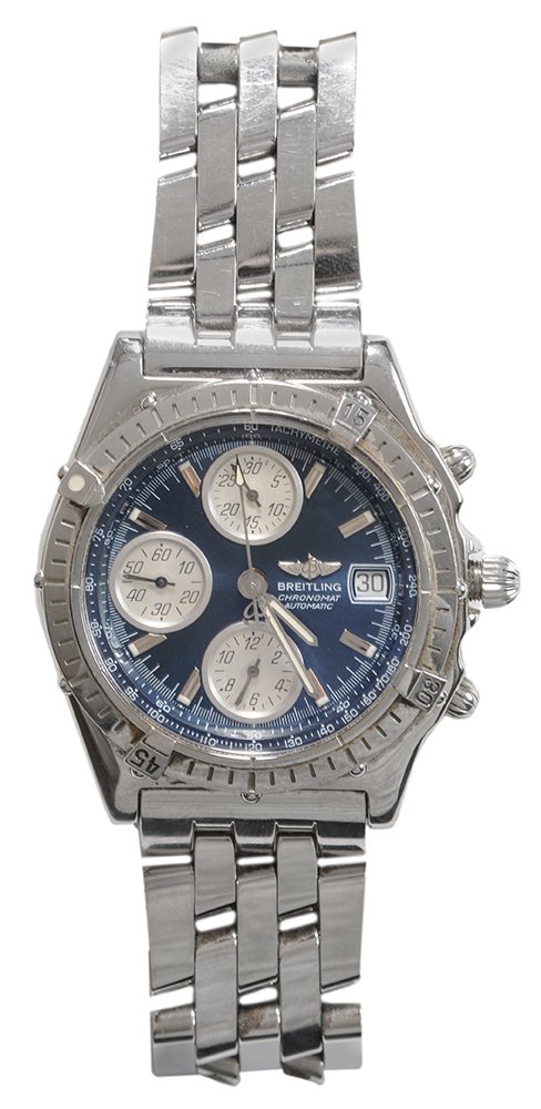 Breitling Chronomat Stainless Steel: Watch stainless steel case and bracelet, blue dial marked "Breitling Chronomat Automatic", case marked "A13050.1/ 31233", deployment clasp, 7 in.; with original case, box and instructions working at t