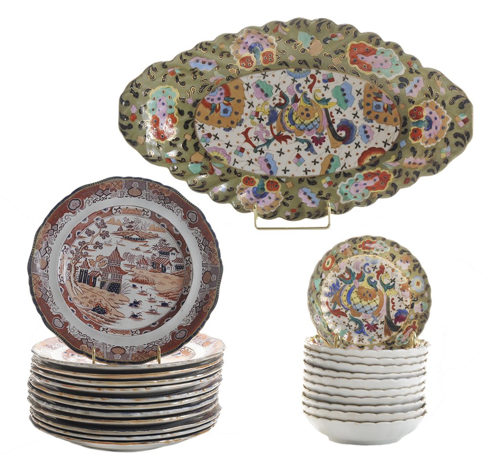 Set of Twelve Imari Style Ironstone: Service Plates, Carlsbad Fruit Set British, 19th century, impressed marks for Ashworth Real Ironstone China, 10 in., [minor surface dirt, wear and stains, light crazing, otherwise generally good condi