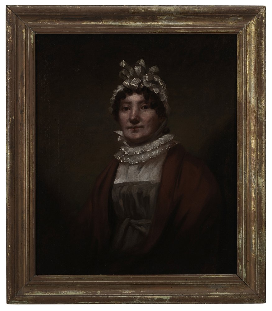 Sir Henry Raeburn: (British, 1756-1823) Janet Bolt Lamb (1756-1819), circa 1805, unsigned, oil on canvas, 30 x 25 in.; original 19th century gilt wood frame, lined, restretched on old stretcher (label for DeMerell, Char