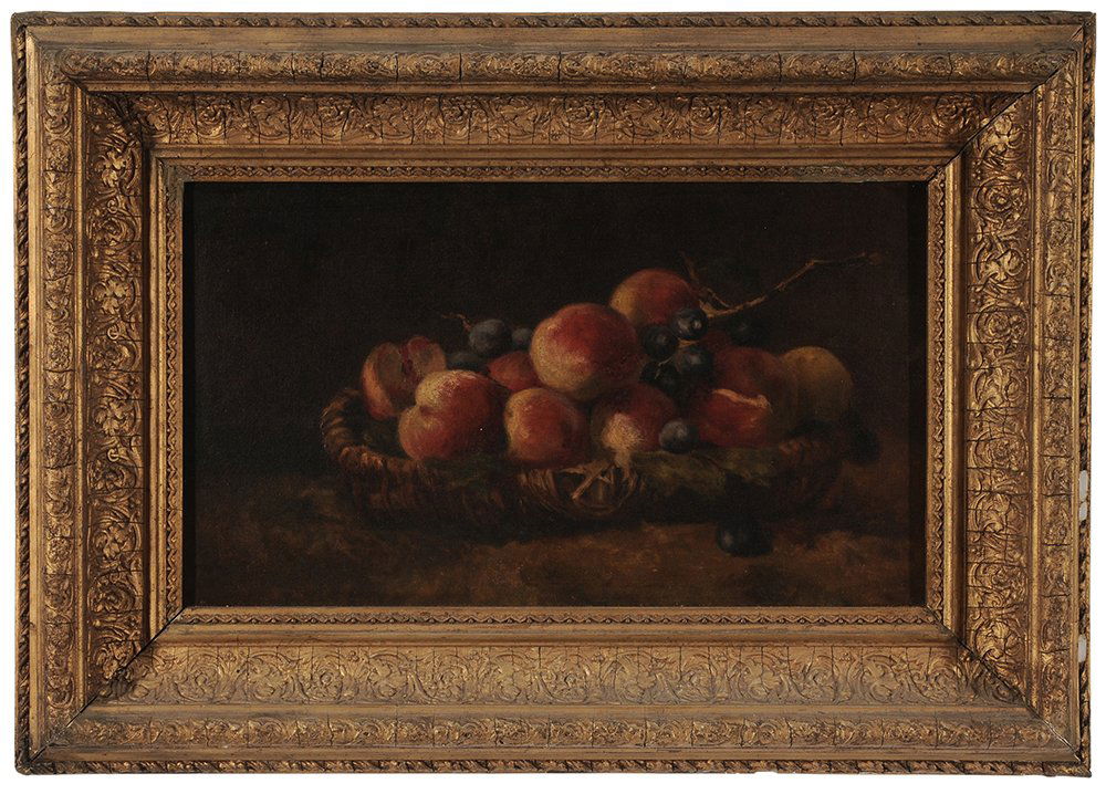 British or American School: (19th century) Still Life with Basket of Peaches and Grapes, unsigned, oil on canvas, 12-1/8 x 20 in.; 19th century and gilt wood frame, lined with wax and linen and restretched on old stretcher, reto
