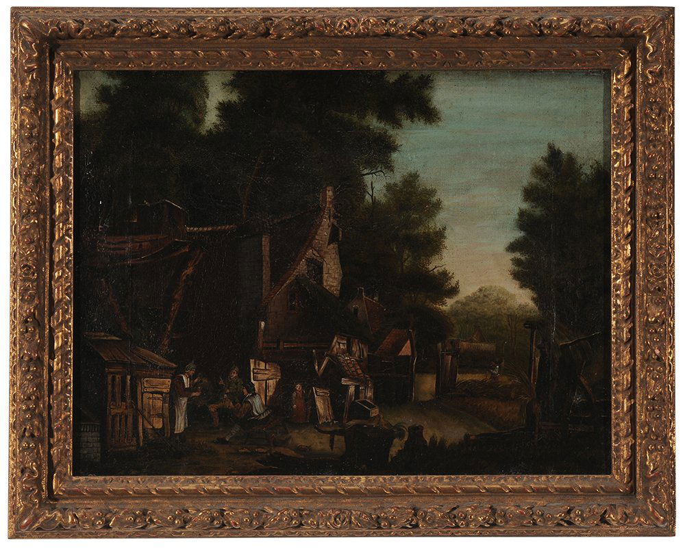 British School: (19th century) Village Scene with figures resting, unsigned, oil on canvas, 14 x 18-1/2 in.; modern gilt wood and composition frame, lined and restretched on old stretcher, crackle, cupping, retouch,