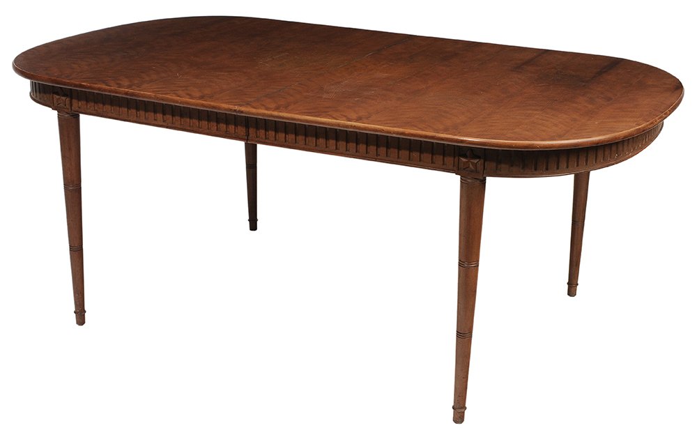 Regency Style Birch Extension Dining: Table early 20th century, rounded top over fluted frieze, turned legs, 29 x 72 x 42 in., one 24 in. leaf, generally good condition, some sun fading and finish distress. Provenance: Estate of Sophie F.