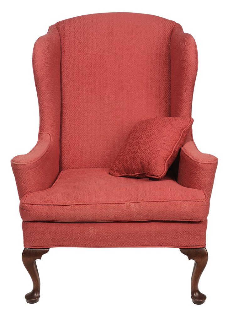 Queen Anne Style Mahogany Wing: Chair custom made by Alf Sharp, Franklin, Tennessee, late 20th century, brick Scalamandre upholstery, down cushion with small loose pillow, 36 x 35 x 31 in., legs with light surface wear, upholstery w