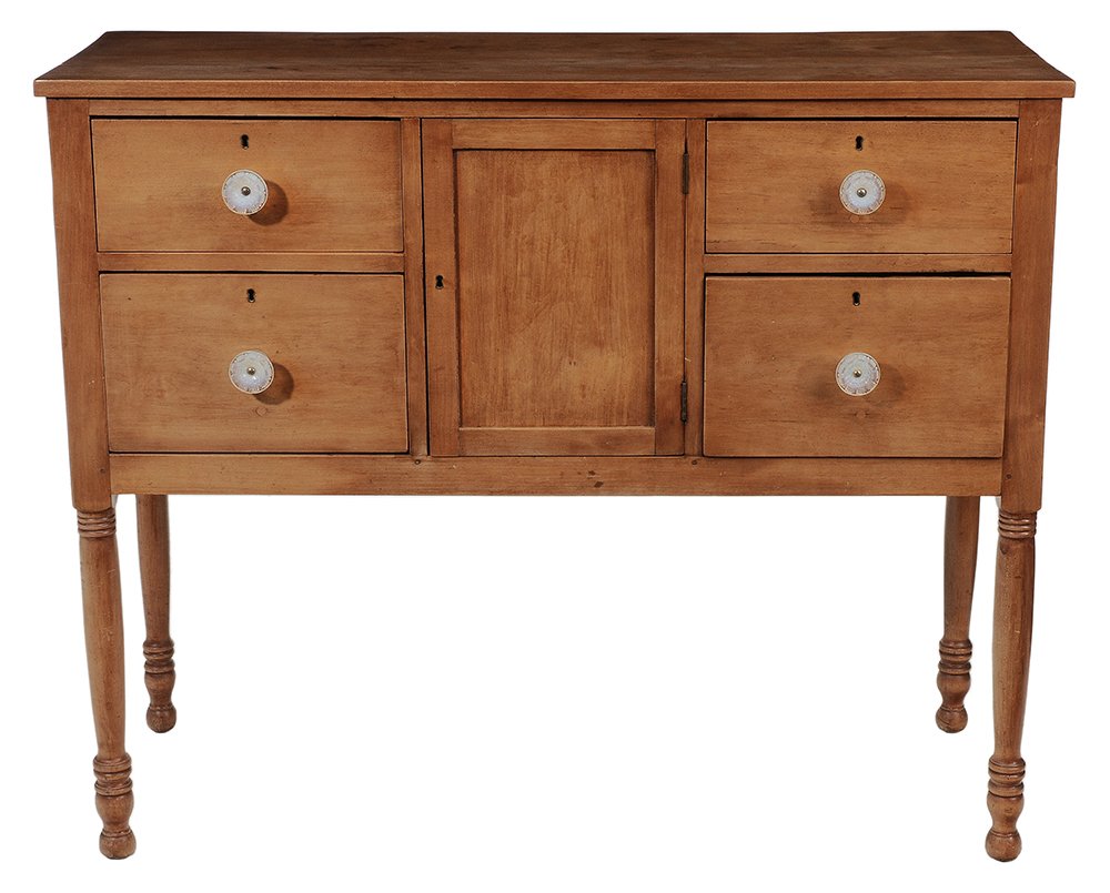 Southern Federal River Birch, Maple: and Yellow Pine Huntboard probably Piedmont South Carolina, 19th century, central door flanked by four dovetailed drawers set with Sandwich glass pulls, original iron locks, 44 x 53 x 19-1/2 in., refi