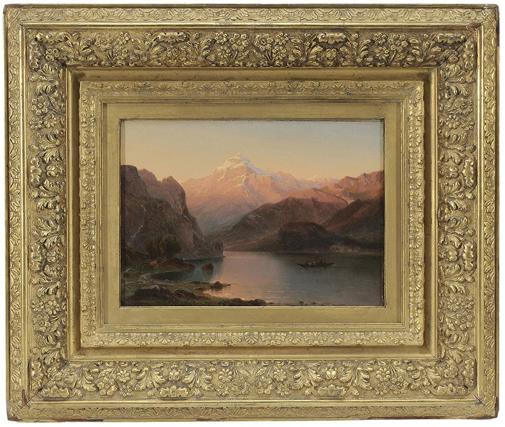Manner of Frederic Edwin Church: (New York, 1826 - 1900) View of Lake Lucerne, circa 1867, bears signature lower left "F.E. Church", oil on paper or fine canvas, 10 x 14 in.; 19th century gilt wood and composition frame, laid on canv