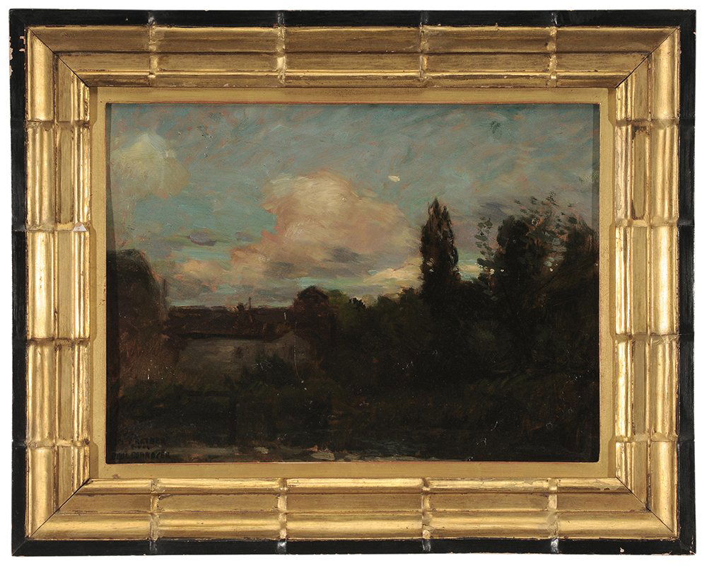 Paul Cornoyer: (New York, 1864-1923) Landscape sketch, recto, girl in park, verso, signed lower left of landscape and inscribed "Mrs Prater/From/Paul Cornoyer", oil on panel, 10 x 13 in.; fine Foster Brothers gilt w