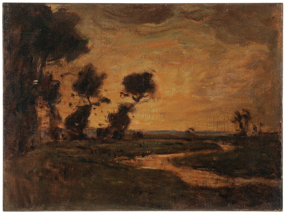 William S. Robinson: (Pennsylvania/New York/Connecticut, 1861-1945) Landscape Study, inscribed verso "Studio 1900", signed lower left faintly "Wm. S. Robinson" with circular artist's inventory verso and indicated as "D/35