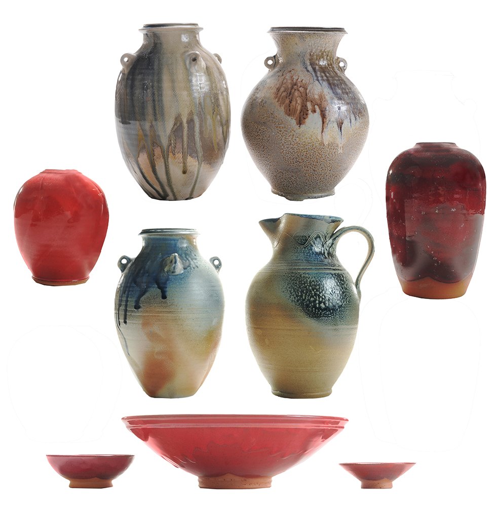 Nine Pieces Ben Owen III Chinese Red: Pottery Seagrove, North Carolina: ovoid jar with four handles, swirl and feathered runny glaze, "Ben Owen III 1994", 11 in.; ovoid jar with four handles and runny glaze, "Ben Owen III 1996", 11 in.; j
